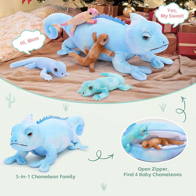 MorisMos 27" Giant Chameleon Stuffed Animal with Baby Lizard Toys Inside, 5Pcs Mama & Baby Stuffed Lizard Plush Toys for Kids, Realistic Rainbow Chameleon Plush Toy, Jungle Birthday Gift & Room Decor