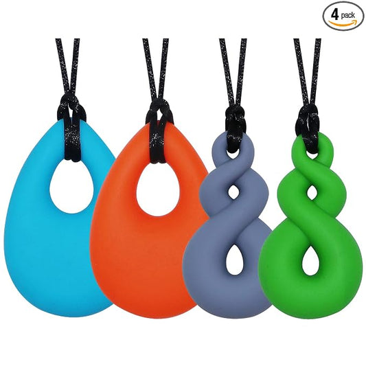 Chew Necklace for Sensory Kids and Adults, 4 Pcs Food-Grade Silicone Chew Toys for Boys Girls with ADHD/Autism/SPD/Anxiety, Durable Chewy Necklace Sensory Reduce Chewing Fidgeting - BPA Free
