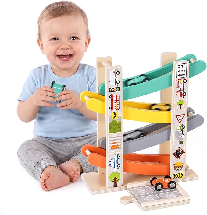 Car Ramp Toys for One Year Old Boy, Toddler Montessori Toys, Wooden Car Tracks for Toddlers 1-3, Race Cars Ramp Track with 4 Mini Cars & Parking Lots, 1st Birthday Gifts Boy