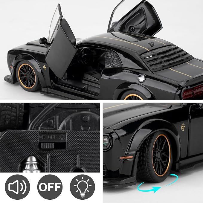 WAKAKAC Compatible for Hellcat Toy Cars, Pull Back Die-cast Vehicles, Collectible Cars with Sounds＆Lights for Kids Boys Girls and Adults, Gift Black