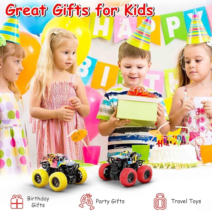 M SANMERSEN Monster Truck Toys for Kids, Friction Cars for Toddlers Push and Go 360° Rotating Stunt Car for 3+ Year Old Boys Girls Gifts (2 Pack - Red and Yellow)