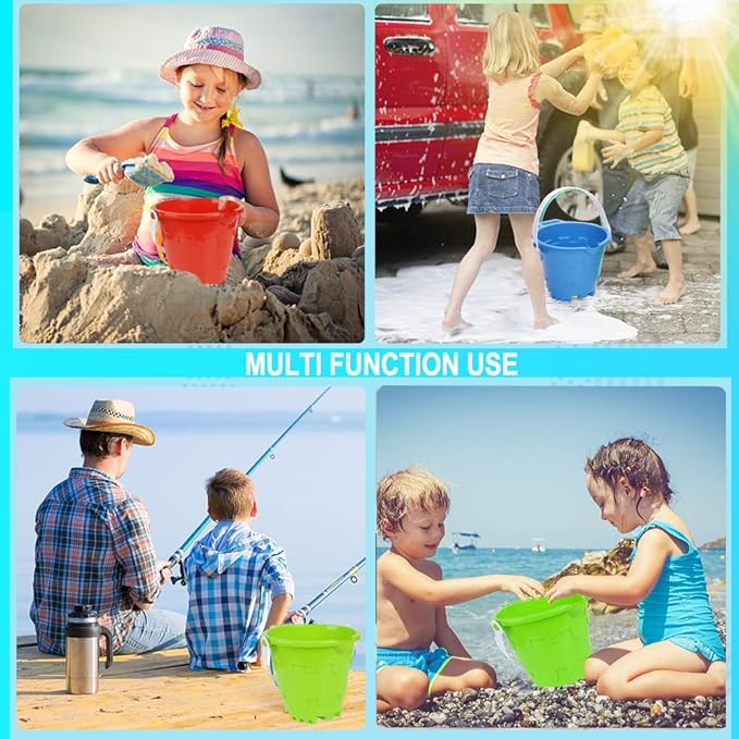 Jumbo Castle Model Beach Gear 7" Large Sand Buckets Pails Beach Water Pool Gardening Bath Toy Environmentally ABS Durable Thick Plastic Complete Gift Set Bundle For Kids Boys Girls- 3 Pack Green Blue