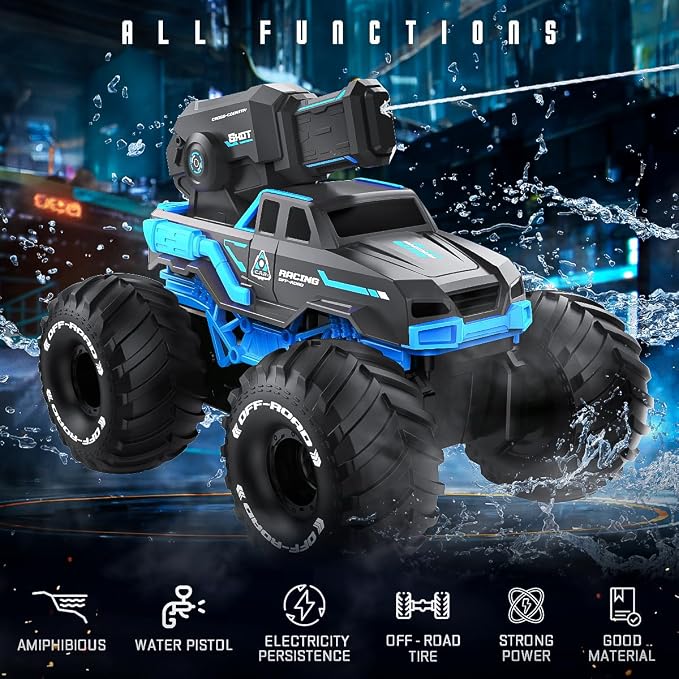 BEZGAR Remote Control Monster Truck, RC Boat Amphibious Cars Pickup Monstertruck with Shooting Water Gun - Pool Toys 4WD Waterproof All-terrian Off-Road Vehicles Gifts for Kids Boys Adults