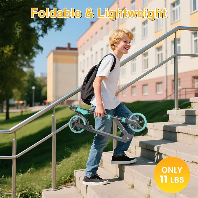 SIMATE Kick Scooter for Kids Teens & Adults, 4 Adjustable Heights, 8IN All Terrain Big Wheels, Foldable and Lightweight, Gifts for Girls Boys