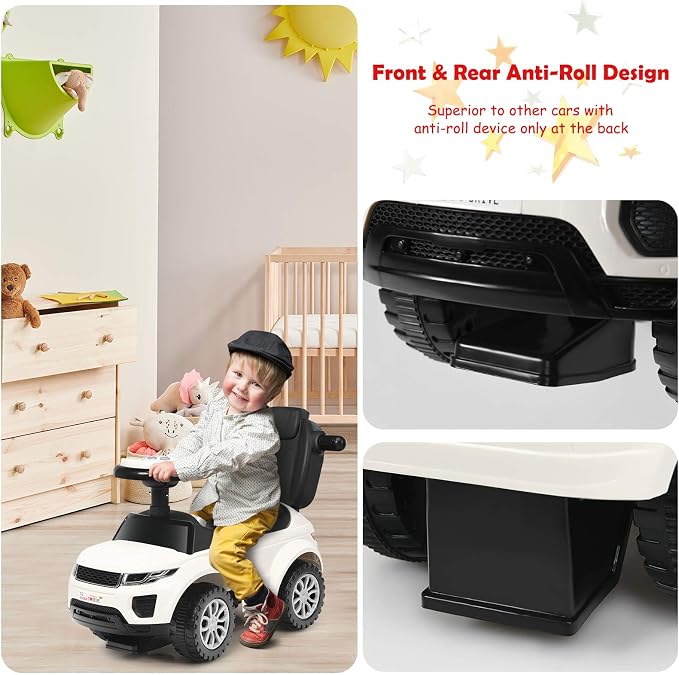 Costzon 3 in 1 Ride on Push Car, Stroller Sliding Walking Car with Horn, Music, Light, Under Seat Storage, Parental Handle, Armrest Guardrails, Ride on Toy for Boys & Girls (White)