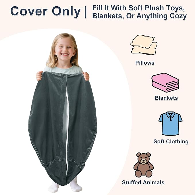 Lukeight Stuffed Animals Storage Bean Bag Chair Cover for Kids, Cozy Velvet Plush Toy Organizer Seat, Cover Only, No Filling Included, Long YKK Zipper, Side Pocket, X-Large 30 x 18 in