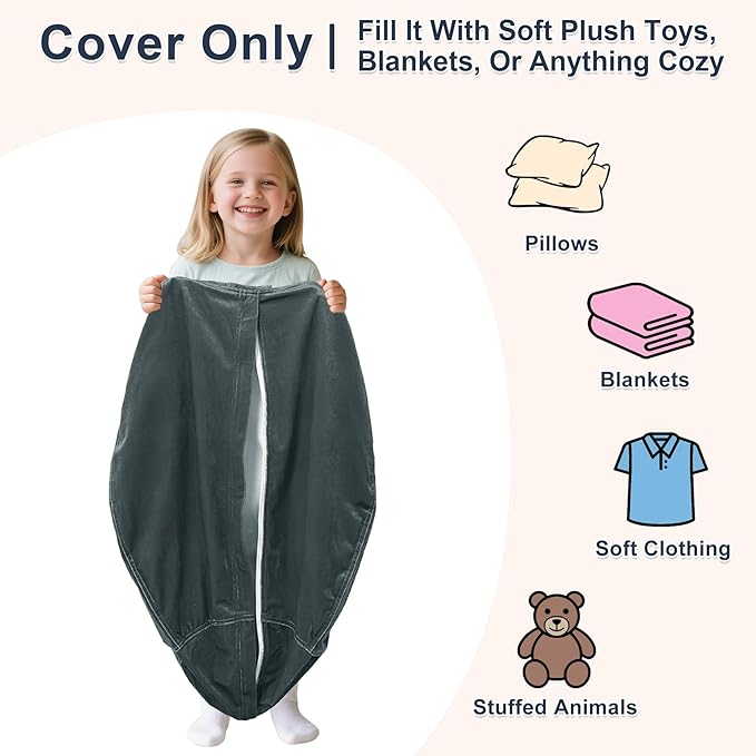 Lukeight Stuffed Animals Storage Bean Bag Chair Cover for Adult and Teen, Cozy Velvet Plush Toy Organizer Seat, Cover Only, No Filling Included, Long YKK Zipper, Side Pocket, XXX-Large 42 x 23 in