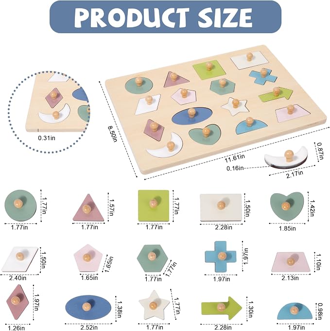 Adena Montessori Wooden Shape Peg 16 Piece Puzzle for Toddlers 2-4,Montessori Colorful Shapes Sorter Board,Geometric Color Matching Toys for Girls Boys 18-24 Months,Baby & Toddler Eearly Learning Gift