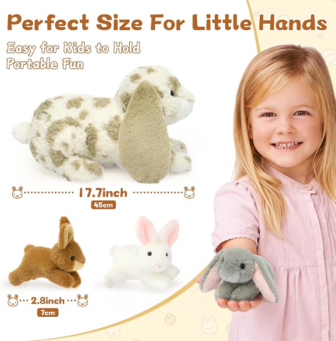 MaoGoLan 4pcs Gray Spotted Lop Eared Rabbit Bunny Stuffed Animal Plush, 17.5" Large Mommy Stuffd Rabbit Plush with 3 Bunny Babies, Cute Soft Stuffed Animal Toy Gift for Girls Boys Kids