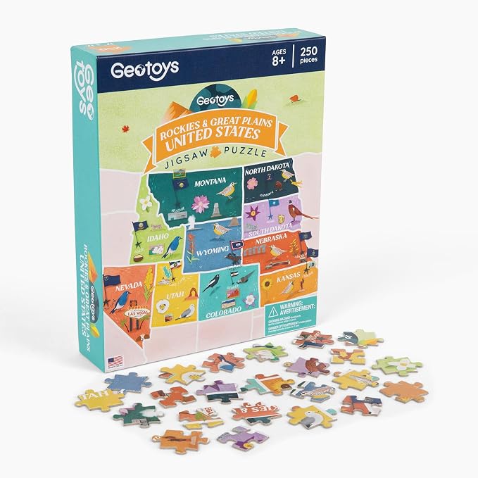 Geotoys Rockies & Great Plains Region Jigsaw Puzzle - Educational and Interactive Map Game - 250 Piece Puzzles - Jigsaw Puzzles for Kids Ages 8-12 - Kids Puzzle Games with Colorful Landmarks