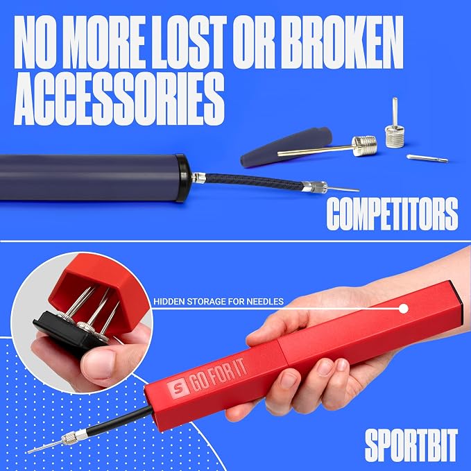 SPORTBIT Ball Pump for Sports Balls - Push & Pull Inflating System - Hand Pump for Exercise Balls - Volleyball Pump, Basketball Inflator, Ball Air Pump - Goes with 5 Needles Set