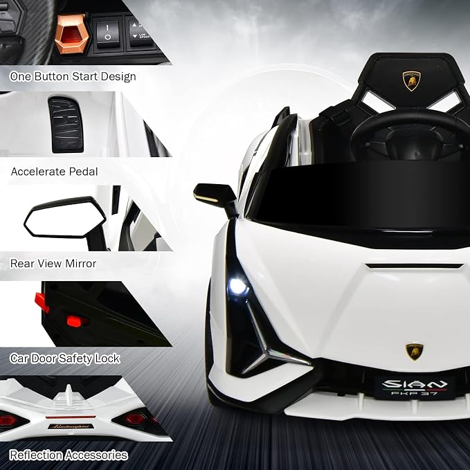 INFANS 12V Licensed Lamborghini Sian Kids Ride On Car with Parent Remote Control, Spring Suspension, MP3 Player, Electric Toy Roadster Carbon Fiber Textured for Toddler (White)