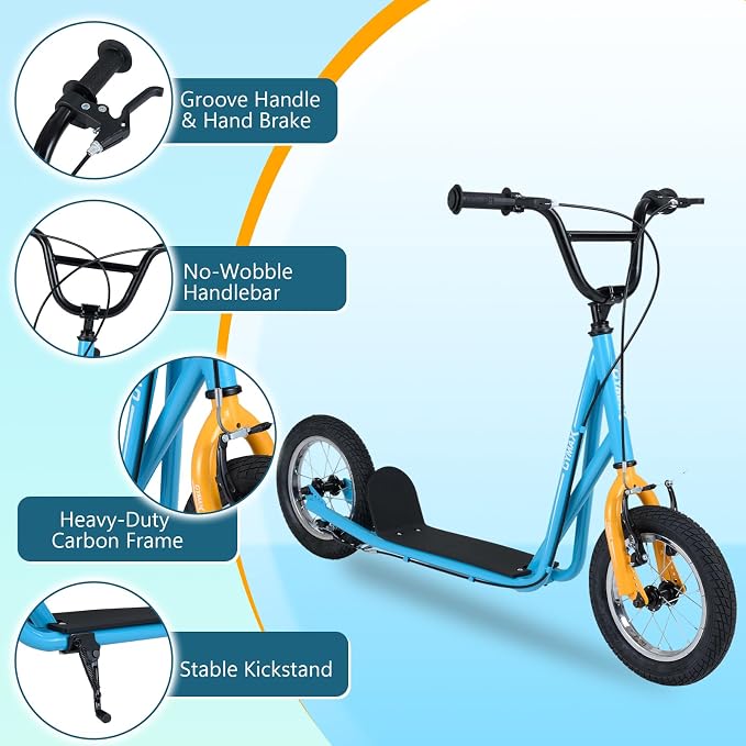 GYMAX Scooter, Kids & Adults Off-Road Scooter with 12" Inflatable Wheels, Adjustable Height Handlebar, V-Type Handbrakes & Axle Pegs for All Terrain, 8+