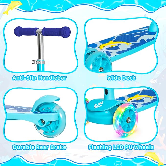 Nattork 3-Wheel Toddler Kick Scooter for Kids Girls Boys – Adjustable Height Scooter with Light-Up Wheels, Anti-Slip Deck, Lean-to-Steer Design for Ages 2-8