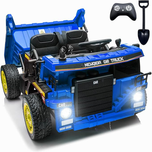 NEWQIDA 24V Ride on Dump Truck, Kids Electric Car with Remote Control, Ride on Construction Vehicles w/Electric Dump Bed, Shovel, 2x75W Powerful Motors, Up to 4.4Mph, EVA Tires, Soft Start, Blue