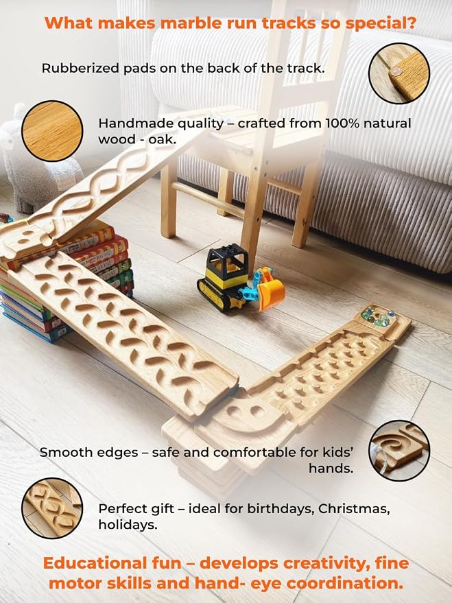 Wooden Marble Run Track Set of 2 – Montessori STEM Toy for Kids –Race Machine & Maze Board – Educational Wooden Roller Track Game – Rocks & Whirlpool Run Gift for Children