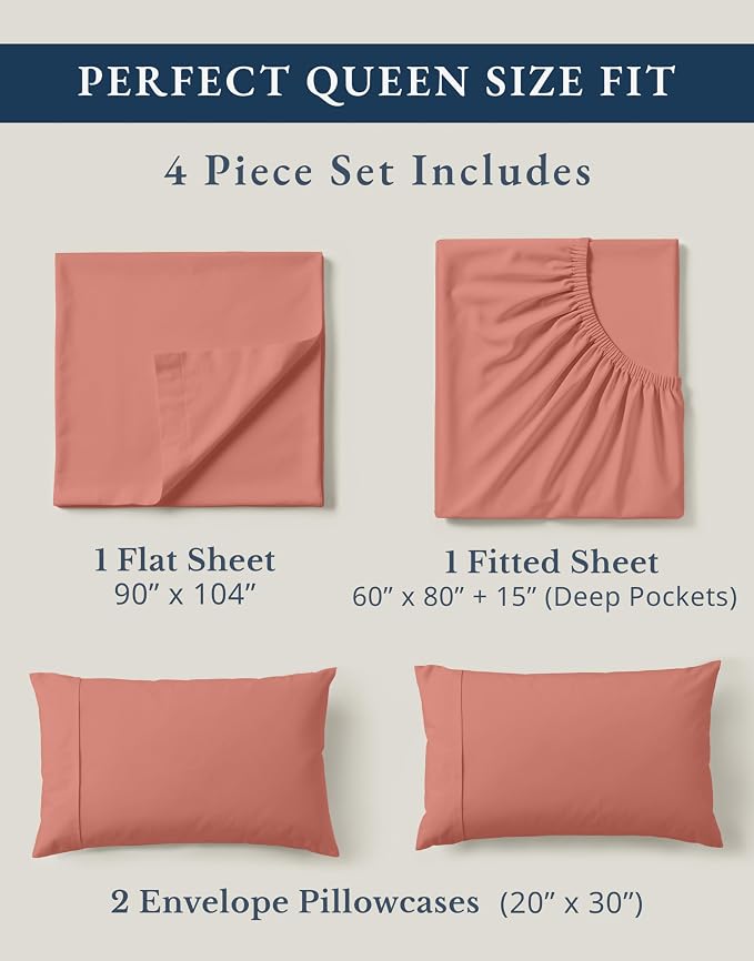 LANE LINEN Queen Size Bed Sheet Set 100% Organic Cotton Soft - Rose Dawn | Queen Sheets In GOTS Certified Organic Cotton Percale - Cool All Summer, Cozy All Winter, Crisp Hotel-Style Feel