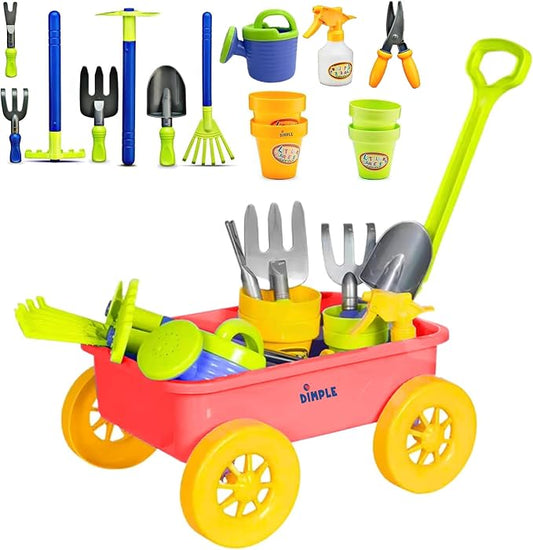 Dimple Garden Wagon & Tools Toy Set Premium 15 Pcs Kids Gardening Tools & Wagon Toy Set - Sturdy & Durable - Top Yd, Beach, Sand, Garden Play Set - Great for Kids & Toddlers