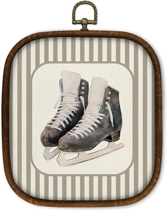 WULQYING Hockey Skates Sports Nursery Wall Art Decor, Boys Room Square Framed Canvas Art Prints, Neutral Striped Sport Lover Gift Wall Hanging Decor for Kids Nursery Room Playroom, 5.7x6.5 Inches