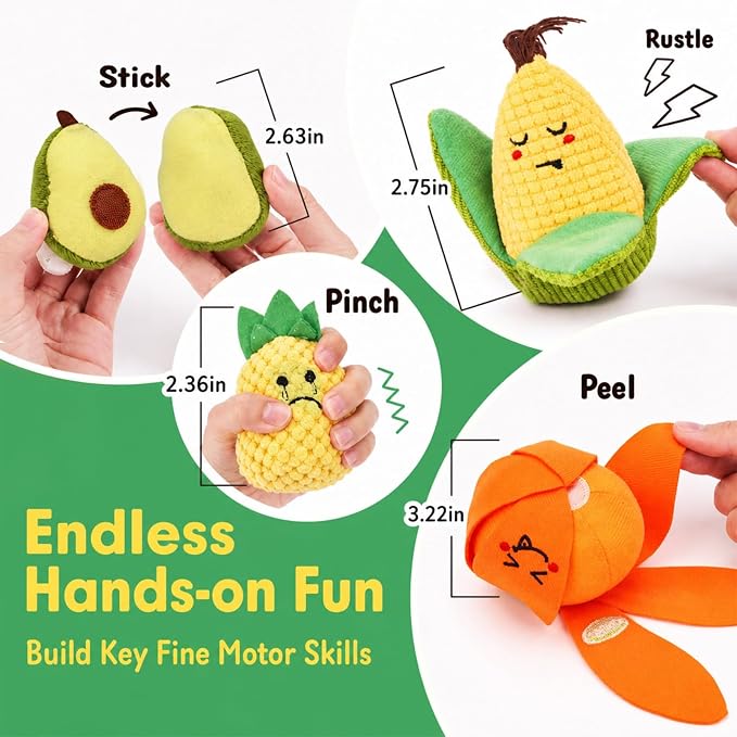 Fruit Vegetable Sensory Toys for Baby 6-12 Months - 16Pcs Plush Sorting Set Perfect for Little Hands to Grasp With Cute Faces, Bright Color Food Crinkle & Rattle, Birthday Gift for 1 Year Old Boy Girl