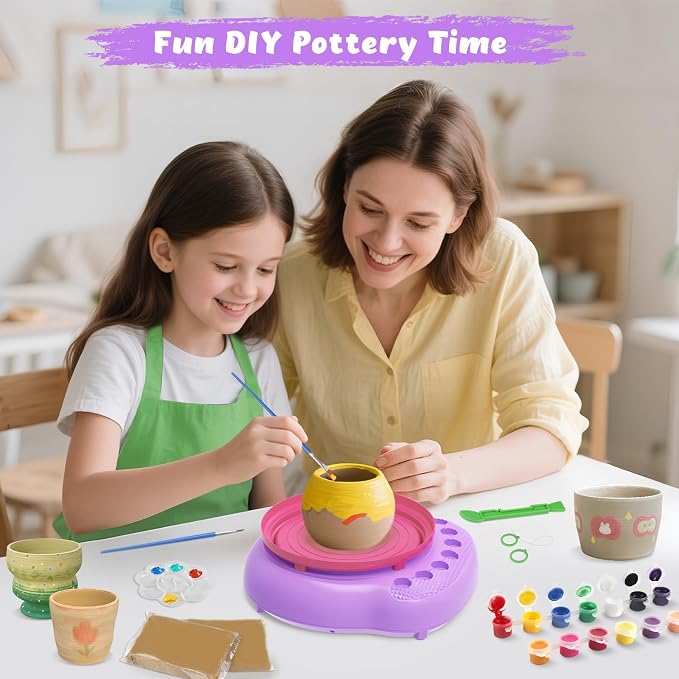 Pottery Wheel for Kids with Complete Clay Kit,Beginner Pottery Painting Set with Air Dry Clay,12 Paints,Sculpting Tools,Apron and Guide,Arts and Crafts Christmas Birthday Gift for Girls Boys Ages 6-12