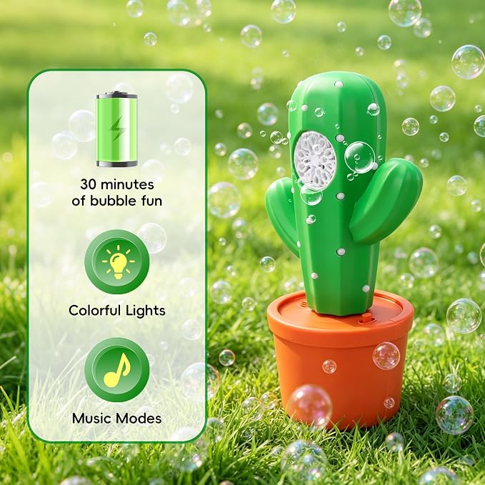Cactus Automatic Bubble Machine LED Light Music Portable Kids Party Blower | Indoor Outdoor Birthday Easter Wedding Battery Operated Toy Gift