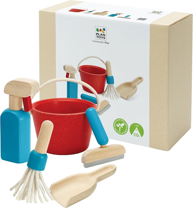 PlanToys® Cleaning Set | Montessori Wooden Housekeeping Play Set for Kids | Includes Broom, Mop, Dustpan, Bucket & Duster | Eco-Friendly Pretend Play Toy for Practical Life Skills & Responsibility