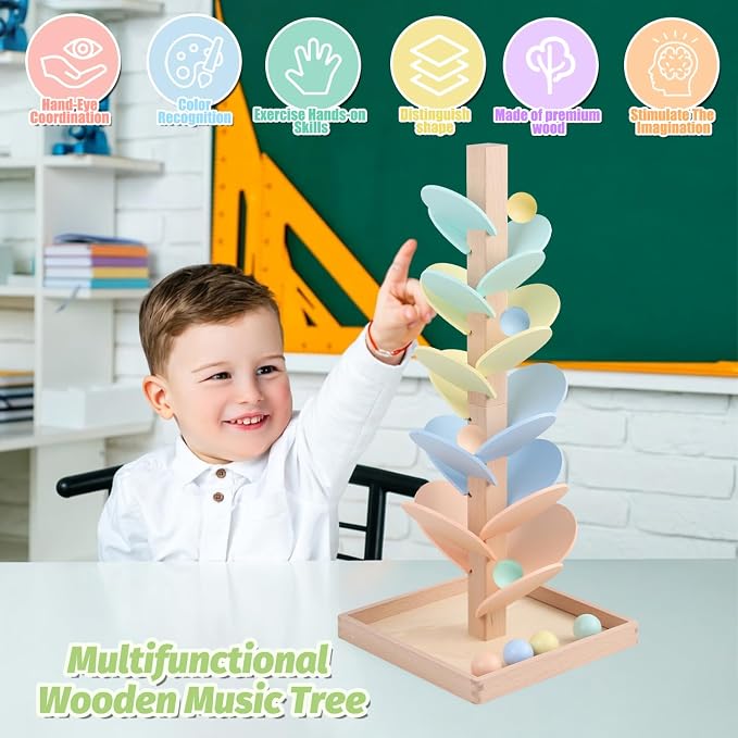 Marble Run Wooden Ball Drop Toys for 3-5 4-8 Wood Montessori Toys Music Tree for Toddlers Musical Game Learning Color Sorting Sensory Toys for Boys Girls 8-12 Gift (Height: 19.9in) (1.1in Balls)