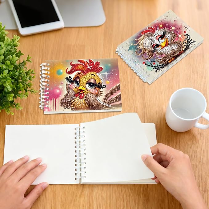 Formeydemi 2 Pcs Chicken Diamond Painting Notebook 80 Pages for Adults,Diamond Art Journal and DIY Sketchbook, Diamonds Art Kit Supplies,Gift for Beginners, Craft Lovers, Artists. (Chicken)