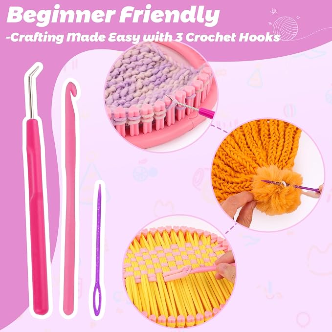 PREBOX Knitting Loom Craft Kit for Kids & Beginners - Create Hat & Scraf with Yarn, Hook Needle, Birthday Gifts Ideas for Teens Girls Age 6-8 8-12 14+, Pink Loom