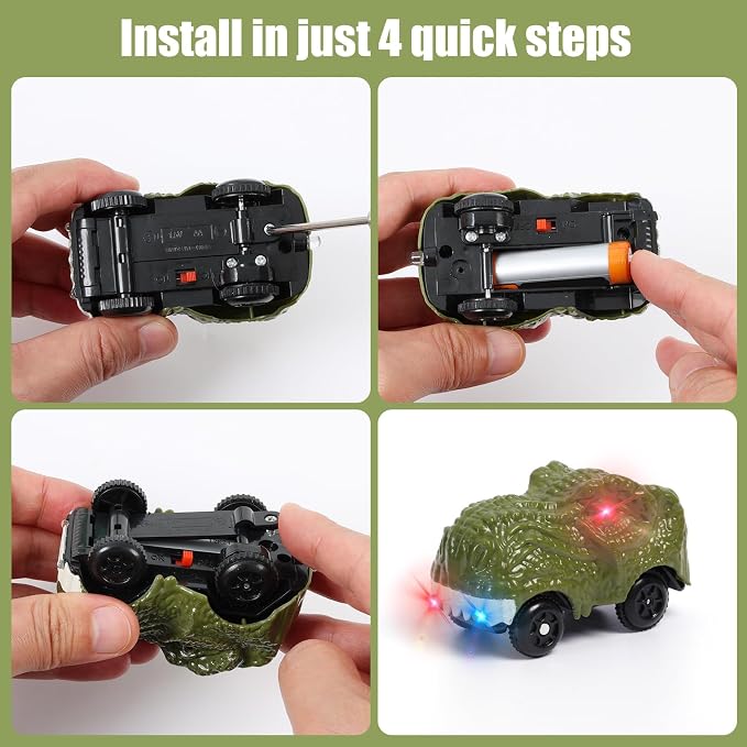 Funbud 2-Pack Dinosaur Race Car Toy for Kids - Birthday Gift for 3 4 5 6 7 Year Old Boys, LED Light Up Track Racing Car Compatible with Most Dino Race Track