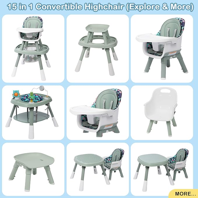 Xilingol 15-in-1 Convertible High Chair, 2-in-1 Baby Highchair & Activity Center W/Toys, Booster Seat | Building Block Table | Toddler Chair W/Removable Tray & 5-Point Harness & 2-Layer Cushion(Green)