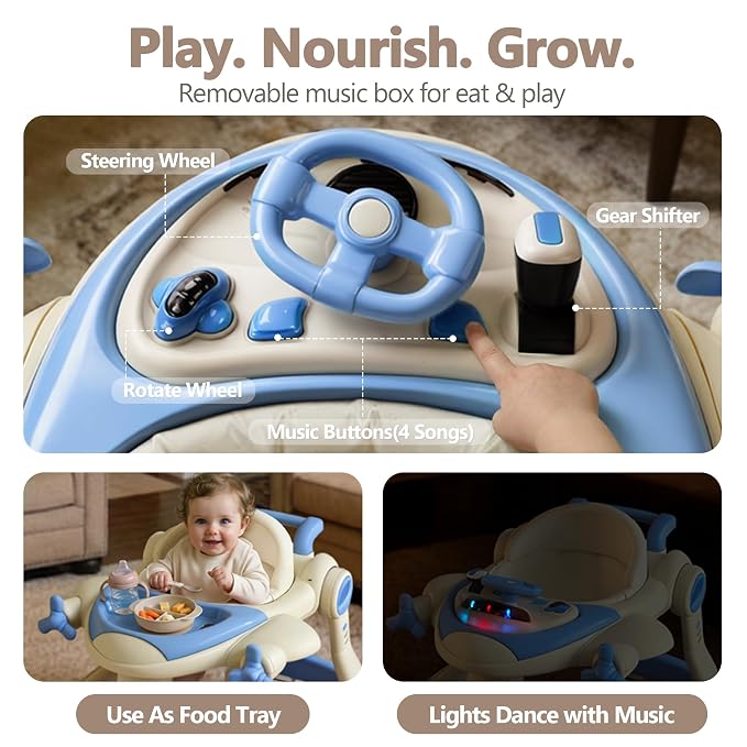 Kinder King 8-in-1 Baby Walker with Music & Lights, 3 Level Adjustable Height, Foldable Toddler Walker with Speed Adjustable Wheels, Easy to Clean, Baby Walkers for Boys & Girls 6-18 Months