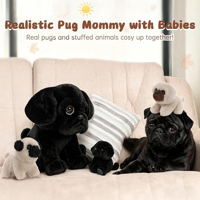 MorisMos Pug Stuffed Animal with Babies Inside, 14" Mommy Stuffed Pug with 3 Baby Puppies, 4Pcs Interactive Soft Cuddly Dog for Kids, Dog Lovers, Birthday Christmas Baby Shower Room Decor