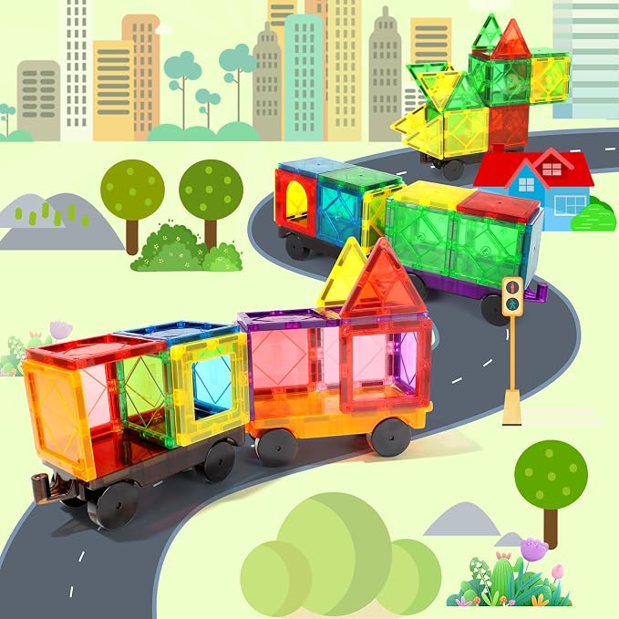 Mruikeny Magnetic Tiles Cars Construction Set - 4 PCS Magnetic Tiles Magnet Bricks Truck Sensory Toys, Educational Magnet Cars Set Building Blocks for 3 4 5 6 7 8+ Year Old Girls Boys