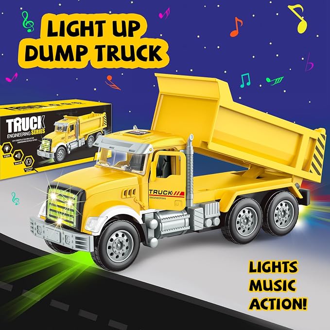 Car Toys for Toddlers, Dump Truck Toy with 1 Self-Lifting Bed, Lights Music Toy Trucks Construction Vehicle with 2 Opening Doors,Toys for 3 4 5 6 Year Old Boy Girl, Kids Christmas Birthday Gifts
