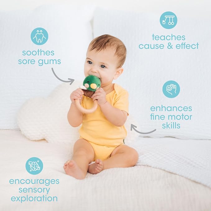 Pearhead Mallard Duck Wooden Baby Teether – Soft Plush Lovey with Natural Wood Rattle Ring, BPA & PVC-Free, Soothes Infant Gums, Multi-Sensory Newborn Essential for Boys, 0+ Months