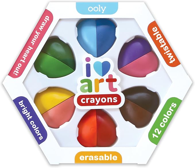 Ooly I Heart Art Erasable Crayons, Twistable Kids Coloring Kit, 12 Bright Colors, Gifts for Kids