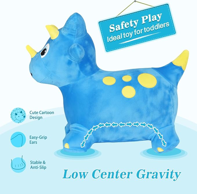 INPANY Bouncy Horse, Dinosaur Hopper Toys, Toddler Plush Bouncing Animal, Dinosaur Birthday Party Decoration, Kid Inflatable Ride on Rubber Bouncer, Outdoor for 2 3 4 Yr Boy Girl Blue