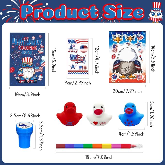 Cinrobiye 72 Pcs Patriotic Activity Set, 4th of July Coloring Books with Crayons, Stickers, Tattoos, Stampers and Mini Duck Accessories for Classroom Activity, Event Supplies and Holiday Gatherings