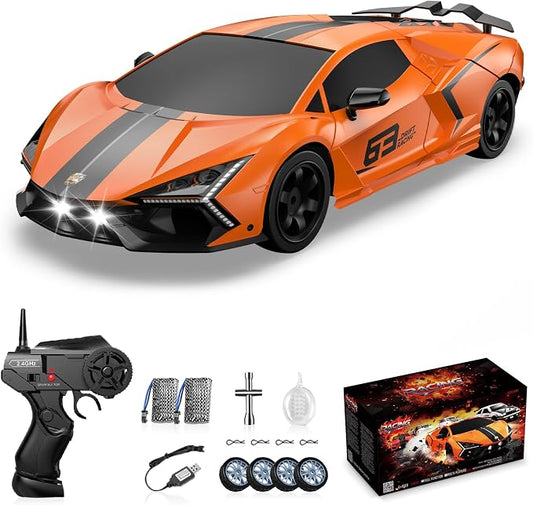 RC Drift Car, Drifting RC Car 2.4GHz 1:16 Remote Control Cars 4WD High Speed Racing Vehicle with LED Lights Two Batteries and Drifting Tires Sport Toy Cars for Adults Boys Girls Kids Orange
