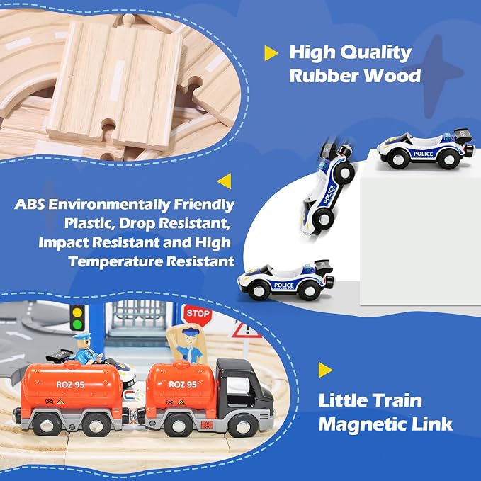 59 Pcs Wooden Train Set for Toddlers, Toy Train with Track for Kids Ages 3-6, Deluxy Double Track City Police Station Railway Playset Gifts for Boys and Girls Ages 3+