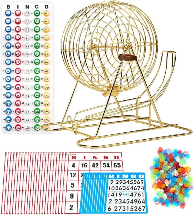 Regal Bingo Gold Professional Bingo Game Set with 11" Wheel Cage, 75 Bingo Balls, Master Board, 18 Bingo Cards & 25 Jumbo Reusable Cards, and Colorful Chips - Bingo Games for Adults Large Group