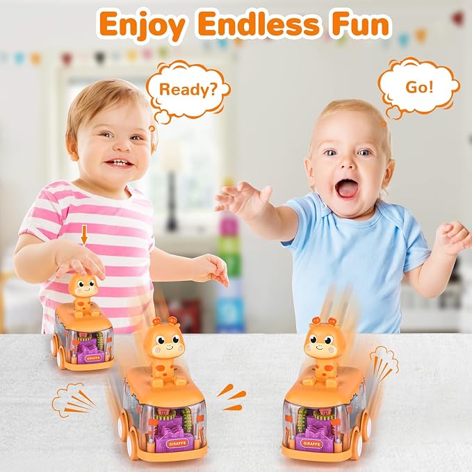 ShinySong Press and Go Car for Toddlers, 2 Pack Light Up Baby Animal Car Toys with Visible Gears, Birthday Gifts for Boys Girls, Giraffe 2PCS