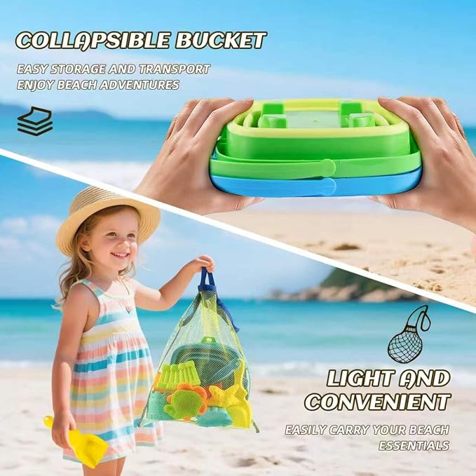 Collapsible Beach Toys for Toddlers Kids – 2 Foldable Sand Buckets Shovel Rake, 8 Sand Molds & Castle Building Kit, Mesh Bag – 13-Piece Travel Sandbox Toy Set Ages 3-12