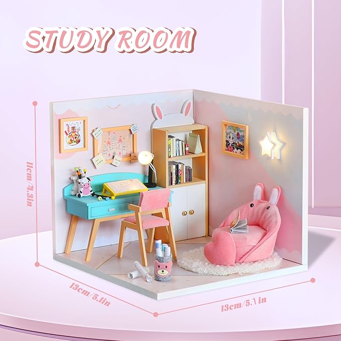 Kisoy Dollhouse Miniature with Furniture Kit, DIY 3D Wooden DIY House Kit A Corner of a Small Apartment Style with Dust Cover & LED,Handmade Tiny House Toys for Kids Adults Gift (Study Room)