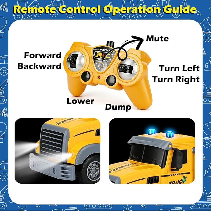 VGY Remote Control Dump Truck Toys for Boys, 2.4GHz RC Dump Truck with Mute Function & 80min Playtime, Liftable Dump Bed, Construction Toys for Kids Age 3-5 4-7 8-12 Year Old Birthday Gift