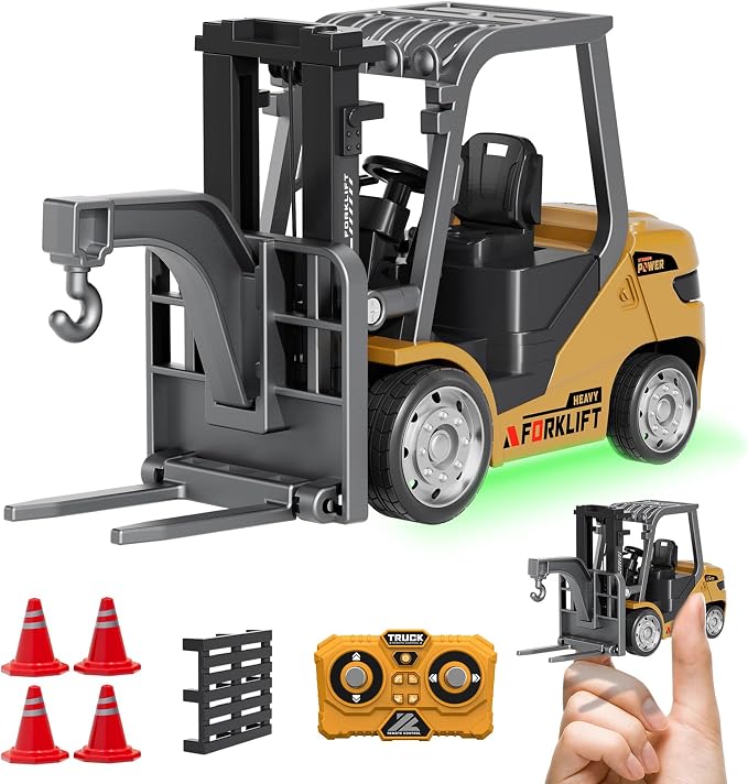 Mini Forklift Remote Control 1:64 RC Forklift Toy, 2.4GHz Construction Vehicle with LED Music, Variable Speed 2-in-1 Transformable Lift Fork & Hook, Includes 4 Road Barriers, Gift for Kids & Adults