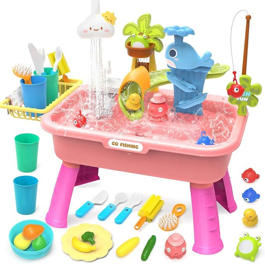 2026 Upgraded Water Table for Toddlers 1-3 - Play Sink with Running Water & Electric Faucet, Pretend Play Kitchen Sink Toy, Outdoor Sensory Summer Toys for Kids Ages 4-8, Fishing Game, Blue