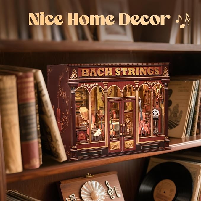 CUTEFUN Book Nook Kit - Musical Instrument Store Dollhouse Bookshelf Decor, 3D Wooden Puzzle Tiny House Miniature Model Building Kits, DIY Crafts Gifts for Adults Teens & Book Lovers (Bach Strings)